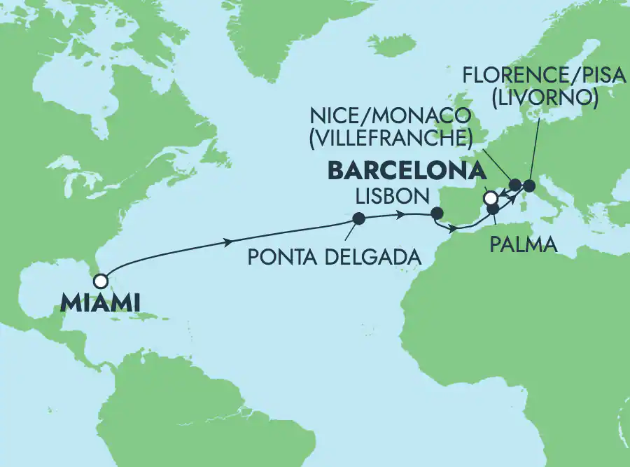 Itinerariu Croaziera Transatlantic Miami spre Barcelona - Norwegian Cruise Line - Norwegian Viva - 15 nopti