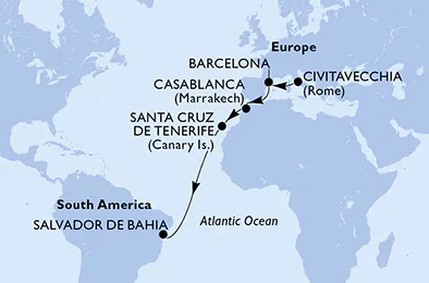 Itinerariu Croaziera Transatlantic Roma spre Salvador - MSC Cruises - MSC Armonia - 13 nopti