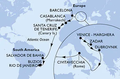 Itinerariu Croaziera Transatlantic Venetia spre Rio de Janeiro - MSC Cruises - MSC Armonia - 20 nopti