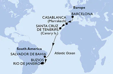 Itinerariu Croaziera Transatlantic Barcelona spre Rio de Janeiro - MSC Cruises - MSC Armonia - 14 nopti