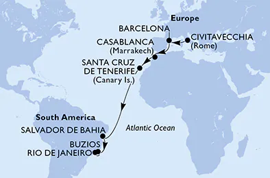 Itinerariu Croaziera Transatlantic Roma spre Rio de Janeiro - MSC Cruises - MSC Armonia - 16 nopti