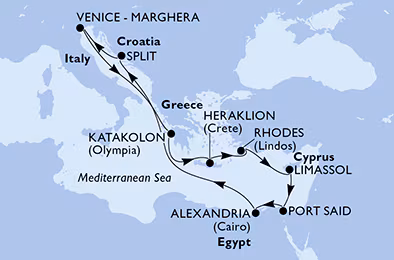 Itinerariu Croaziera Mediterana de Est - MSC Cruises - MSC Armonia - 11 nopti