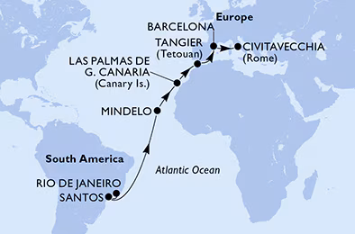 Itinerariu Croaziera Transatlantic Rio de Janeiro spre Roma - MSC Cruises - MSC Armonia - 17 nopti