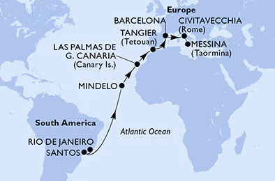 Itinerariu Croaziera Transatlantic Rio de Janeiro spre Messina - MSC Cruises - MSC Armonia - 18 nopti