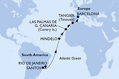Itinerariu Croaziera Transatlantic Rio de Janeiro spre Barcelona - MSC Cruises - MSC Armonia - 15 nopti