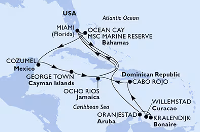 Itinerariu Croaziera Caraibe & Bahamas - MSC Cruises - MSC Divina - 17 nopti