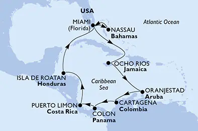 Itinerariu Croaziera Caraibe & Bahamas - MSC Cruises - MSC Divina - 14 nopti