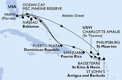 Itinerariu Croaziera Craciun & Revelion in Caraibe & Bahamas - MSC Cruises - MSC Divina - 17 nopti