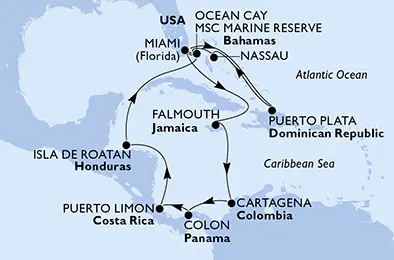 Itinerariu Croaziera Revelion in Caraibe & Bahamas - MSC Cruises - MSC Divina - 18 nopti
