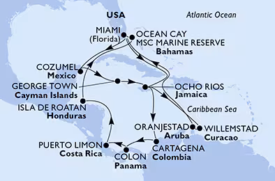 Itinerariu Croaziera Caraibe & Bahamas - MSC Cruises - MSC Divina - 21 nopti