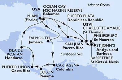 Itinerariu Croaziera Caraibe & Bahamas - MSC Cruises - MSC Divina - 21 nopti