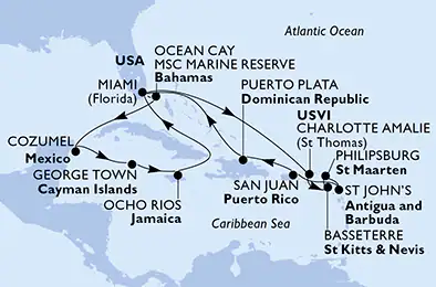 Itinerariu Croaziera Caraibe & Bahamas - MSC Cruises - MSC Divina - 17 nopti
