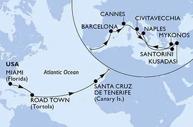 Itinerariu Croaziera Transatlantic Miami spre Roma - MSC Cruises - MSC Divina - 22 nopti
