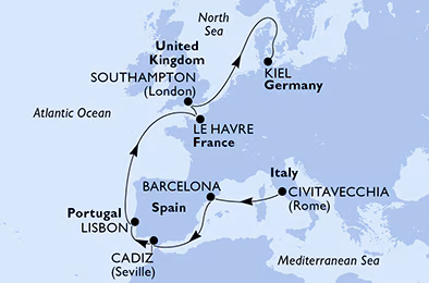 Itinerariu Croaziera Repozitionare Roma spre Kiel - MSC Cruises - MSC Euribia - 12 nopti