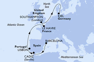 Itinerariu Croaziera Repozitionare Barcelona spre Kiel - MSC Cruises - MSC Euribia - 10 nopti