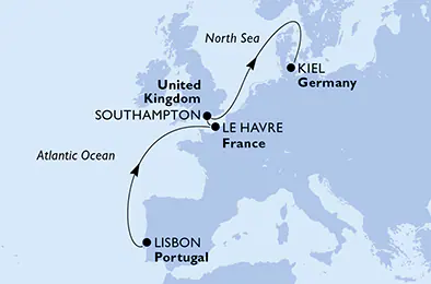 Itinerariu Croaziera Repozitionare Lisabona spre Kiel - MSC Cruises - MSC Euribia - 7 nopti