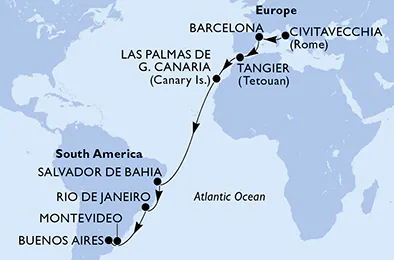 Itinerariu Croaziera Transatlantic Roma spre Buenos Aires - MSC Cruises - MSC Fantasia - 18 nopti
