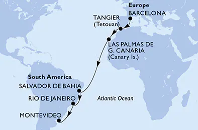 Itinerariu Croaziera Transatlantic Barcelona spre Montevideo - MSC Cruises - MSC Fantasia - 15 nopti