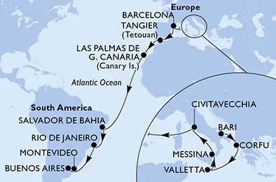 Itinerariu Croaziera Transatlantic Bari spre Buenos Aires - MSC Cruises - MSC Fantasia - 23 nopti