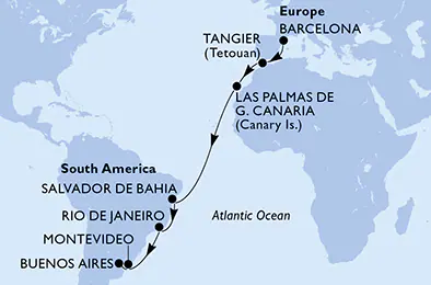 Itinerariu Croaziera Transatlantic Barcelona spre Buenos Aires - MSC Cruises - MSC Fantasia - 16 nopti