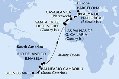 Itinerariu Croaziera Transatlantic Buenos Aires spre Barcelona - MSC Cruises - MSC Fantasia - 19 nopti