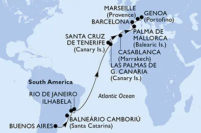 Itinerariu Croaziera Transatlantic Buenos Aires spre Genova - MSC Cruises - MSC Fantasia - 21 nopti