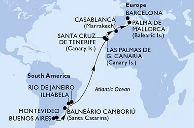 Itinerariu Croaziera Transatlantic Montevideo spre Barcelona - MSC Cruises - MSC Fantasia - 20 nopti