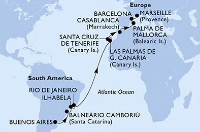 Itinerariu Croaziera Transatlantic Buenos Aires spre Marsilia - MSC Cruises - MSC Fantasia - 20 nopti