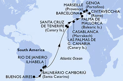 Itinerariu Croaziera Transatlantic Buenos Aires spre Roma - MSC Cruises - MSC Fantasia - 22 nopti