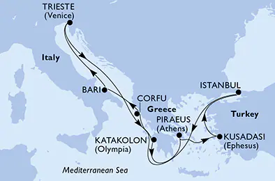 Itinerariu Croaziera Mediterana de Est - MSC Cruises - MSC Fantasia - 9 nopti