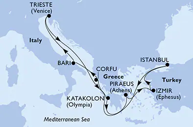 Itinerariu Croaziera Mediterana de Est - MSC Cruises - MSC Fantasia - 9 nopti