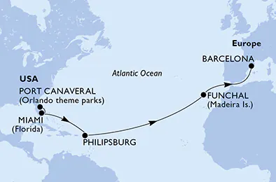 Itinerariu Croaziera Transatlantic Port Canaveral spre Barcelona - MSC Cruises - MSC Grandiosa - 14 nopti