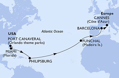 Itinerariu Croaziera Transatlantic Port Canaveral spre Cannes - MSC Cruises - MSC Grandiosa - 15 nopti