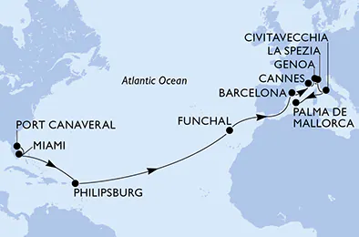 Itinerariu Croaziera Transatlantic Port Canaveral spre Palma de Mallorca - MSC Cruises - MSC Grandiosa - 20 nopti