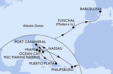 Itinerariu Croaziera Transatlantic Port Canaveral spre Barcelona - MSC Cruises - MSC Grandiosa - 21 nopti