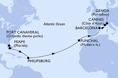 Itinerariu Croaziera Transatlantic Port Canaveral spre Genova - MSC Cruises - MSC Grandiosa - 16 nopti