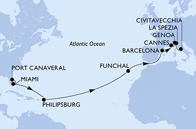 Itinerariu Croaziera Transatlantic Port Canaveral spre Roma - MSC Cruises - MSC Grandiosa - 18 nopti