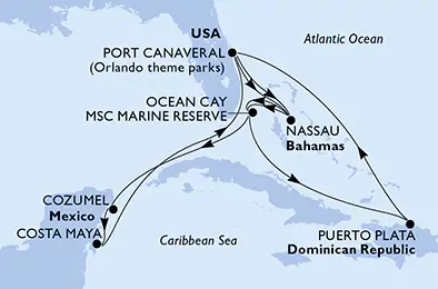 Itinerariu Croaziera Craciun & Revelion in Caraibe & Bahamas - MSC Cruises - MSC Grandiosa - 14 nopti
