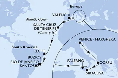 Itinerariu Croaziera Transatlantic Venetia spre Santos - MSC Cruises - MSC Lirica - 21 nopti