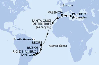 Itinerariu Croaziera Transatlantic Palermo spre Santos - MSC Cruises - MSC Lirica - 16 nopti