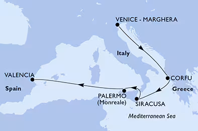 Itinerariu Croaziera Mediterana de Vest & Marea Adriatica - MSC Cruises - MSC Lirica - 7 nopti