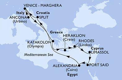 Itinerariu Croaziera Mediterana de Est - MSC Cruises - MSC Lirica - 12 nopti
