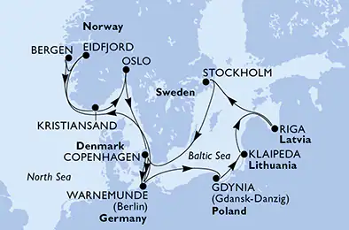 Itinerariu Croaziera Fiordurile Norvegiene & Tarile Nordice - MSC Cruises - MSC Magnifica - 14 nopti