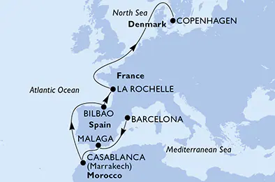 Itinerariu Croaziera Repozitionare Barcelona spre Copenhaga - MSC Cruises - MSC Magnifica - 10 nopti