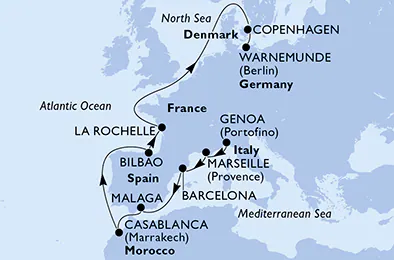 Itinerariu Croaziera Repozitionare Genova spre Warnemunde - MSC Cruises - MSC Magnifica - 13 nopti