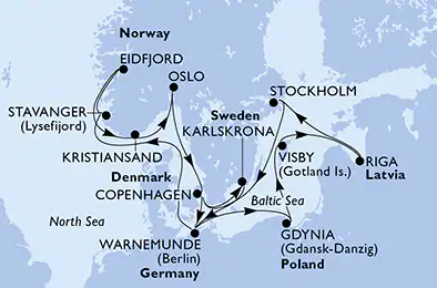 Itinerariu Croaziera Tarile Nordice & Fiordurile Norvegiene - MSC Cruises - MSC Magnifica - 15 nopti