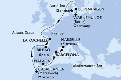 Itinerariu Croaziera Repozitionare Marsilia spre Warnemunde - MSC Cruises - MSC Magnifica - 12 nopti