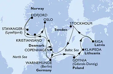 Itinerariu Croaziera Fiordurile Norvegiene & Tarile Nordice - MSC Cruises - MSC Magnifica - 14 nopti