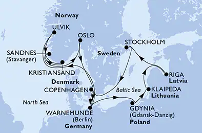 Itinerariu Croaziera Fiordurile Norvegiene & Tarile Nordice - MSC Cruises - MSC Magnifica - 14 nopti