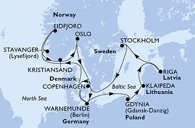Itinerariu Croaziera Tarile Nordice & Fiordurile Norvegiene - MSC Cruises - MSC Magnifica - 14 nopti